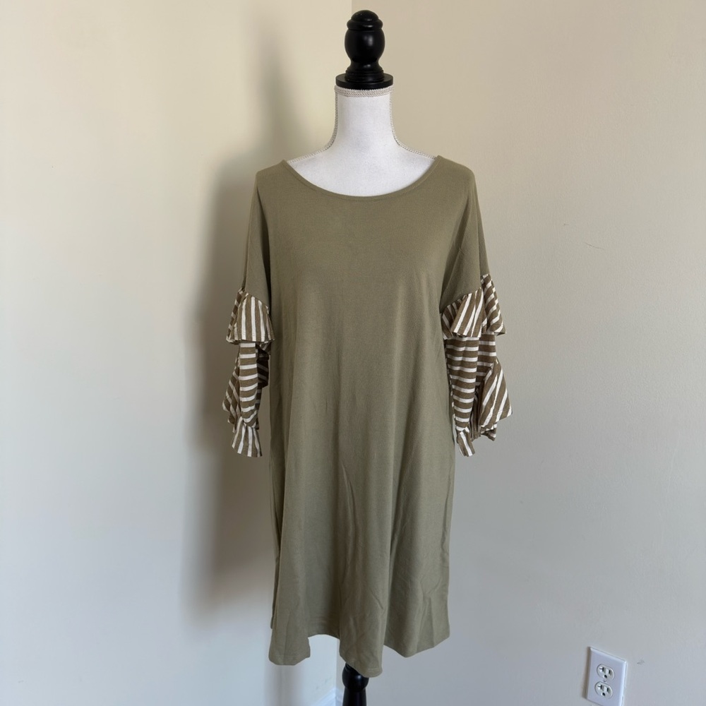 Umgee Dress Knit Tiered 3/4 Ruffle Sleeve Olive Army Green Sz M